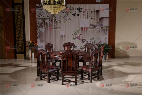 黑酸枝家具 檀雕红木圆台餐桌